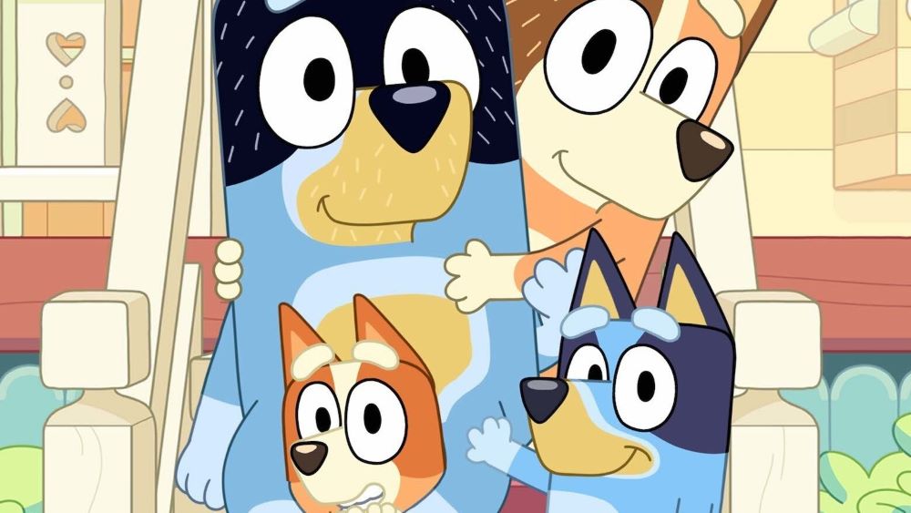 The Heeler family in the Disney+ show "Bluey" includes parents Bandit and Chilli, and daughters Bluey and Bingo.